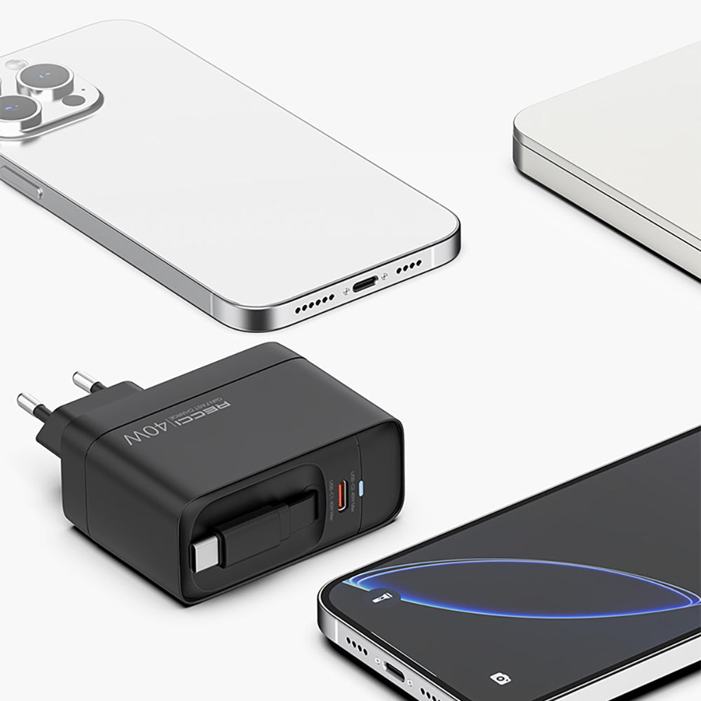 Recci RC102E GaN Teknolojili Hızlı Şarj Başlığı USB-A to Type-C PD 40W Type-C Kablolu Şarj Seti Siyah