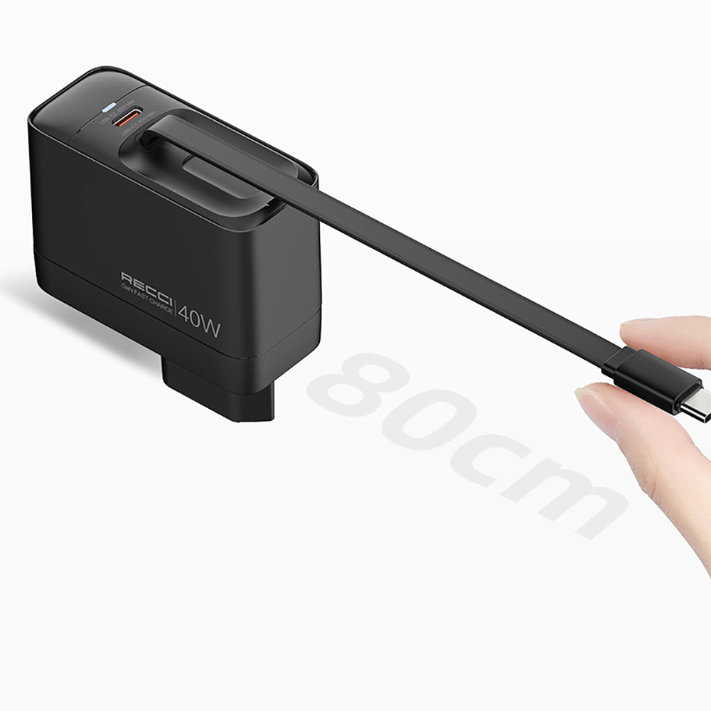 Recci RC102E GaN Teknolojili Hızlı Şarj Başlığı USB-A to Type-C PD 40W Type-C Kablolu Şarj Seti Siyah