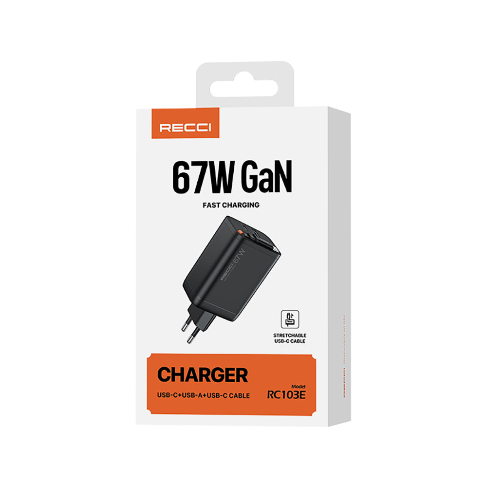 Recci RC103E GaN Teknolojili Hızlı Şarj Başlığı USB-A to Type-C PD 67W Type-C Kablolu Şarj Seti Siyah