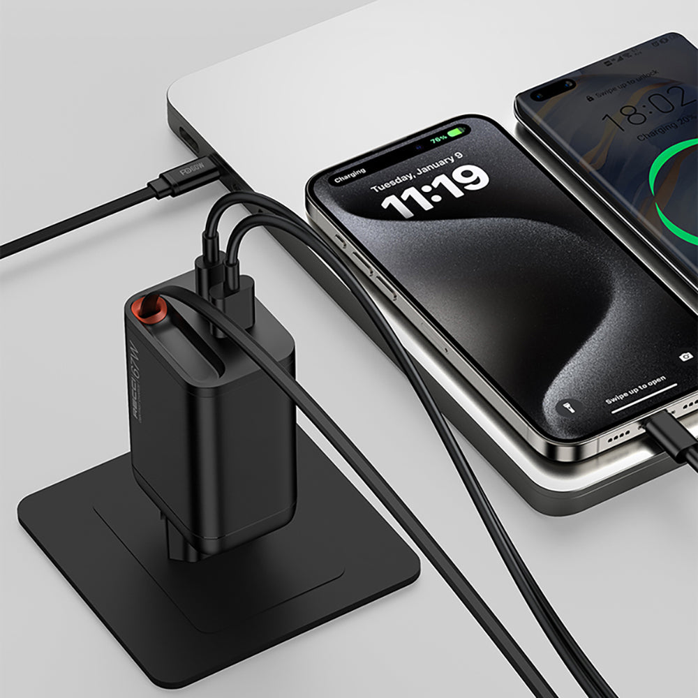 Recci RC103E GaN Teknolojili Hızlı Şarj Başlığı USB-A to Type-C PD 67W Type-C Kablolu Şarj Seti Siyah