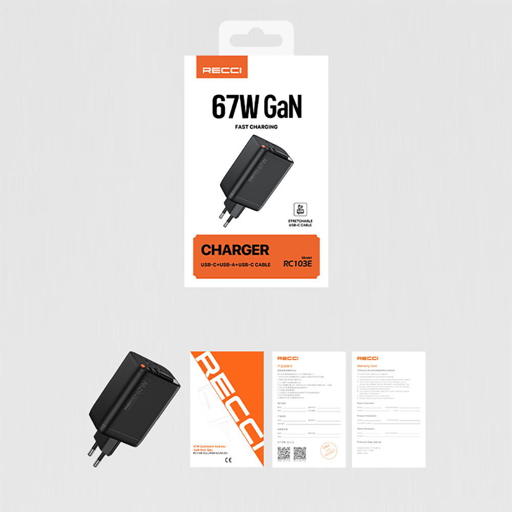 Recci RC103E GaN Teknolojili Hızlı Şarj Başlığı USB-A to Type-C PD 67W Type-C Kablolu Şarj Seti Siyah
