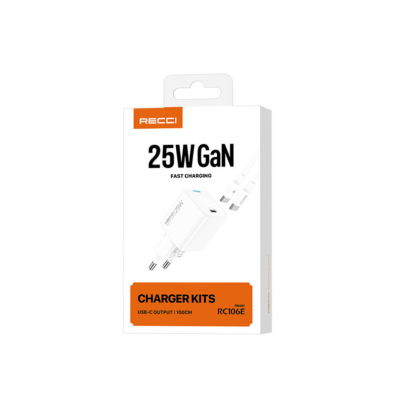 Recci RC106E GaN Teknolojili Hızlı Şarj Başlığı Type-C to Type-C PD 25W Kablolu Şarj Seti Beyaz