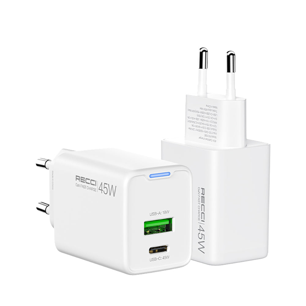 Recci RC108E GaN Teknolojili Hızlı Şarj Başlığı Type-C to Type-C PD 45W Kablolu Şarj Seti Beyaz