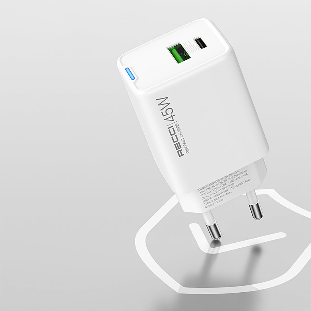 Recci RC108E GaN Teknolojili Hızlı Şarj Başlığı Type-C to Type-C PD 45W Kablolu Şarj Seti Beyaz