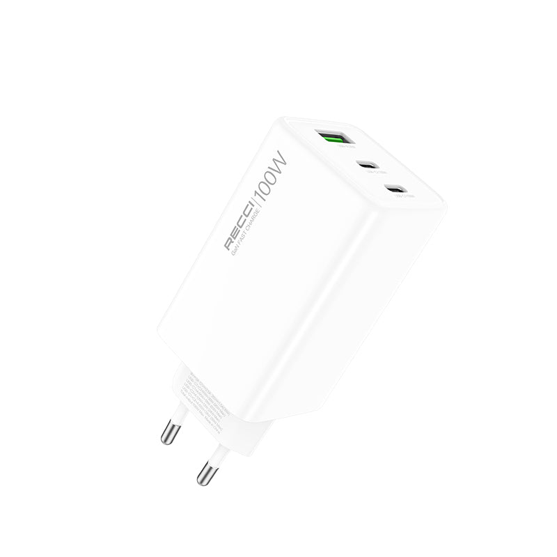 Recci RC110E Type-C PD & USB-A GaN Teknolojili QC3.0 Hızlı Şarj Başlığı 100W Beyaz