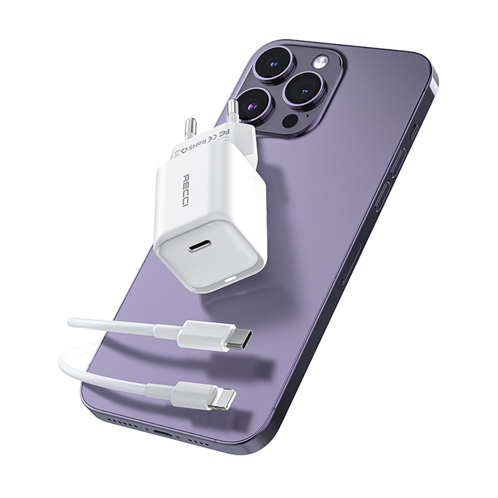 Recci RC65E Hızlı Şarj Başlığı Type-C to Lightning PD 20W Kablolu Şarj Seti Beyaz