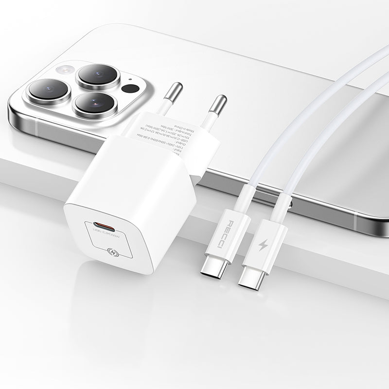 Recci RC77E GaN Teknolojili Hızlı Şarj Başlığı Type-C to Type-C PD 30W Kablolu Şarj Seti Beyaz