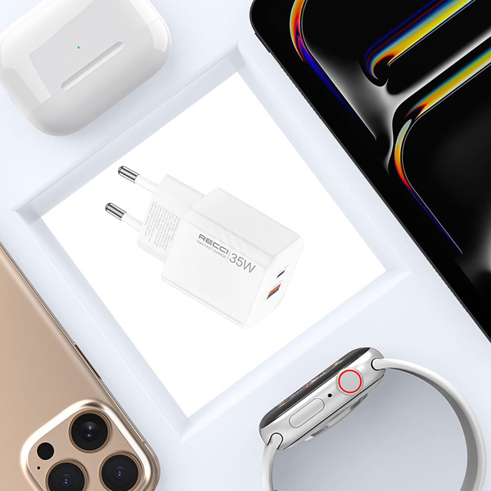 Recci RC83E Type-C PD & USB-A GaN Teknolojili QC3.0 Hızlı Şarj Başlığı 35W Beyaz