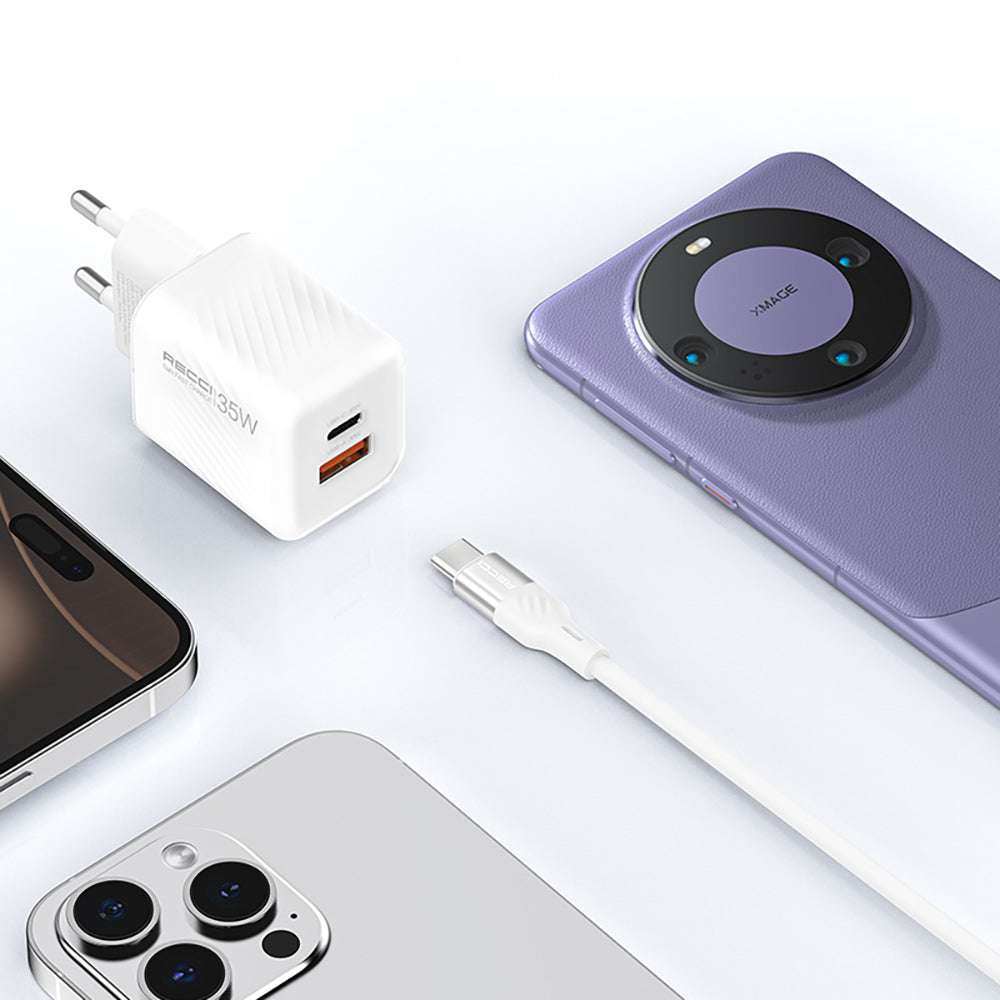 Recci RC83ECC GaN Teknolojili Hızlı Şarj Başlığı USB-A to Type-C PD 35W Kablolu Şarj Seti Beyaz