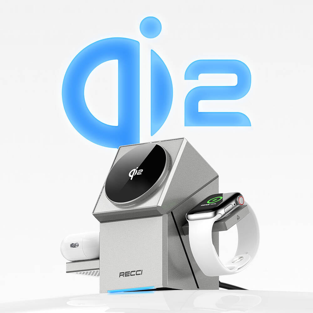 Recci RCW-47 Geometry Serisi Qi2 Şarj Teknolojili Rubik Küp Ambiyans Işıklı Telefon&Akıllı Saat&Kulaklık 15W 3in1 Kablosuz Şarj Standı Gri