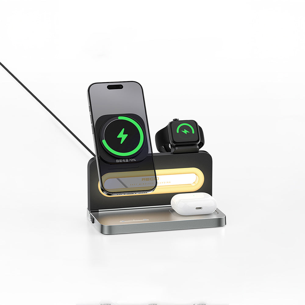 Recci RCW-49 Ambiyans Işıklı Telefon&Akıllı Saat&Kulaklık 15W 4in1 Kablosuz Şarj Standı Siyah