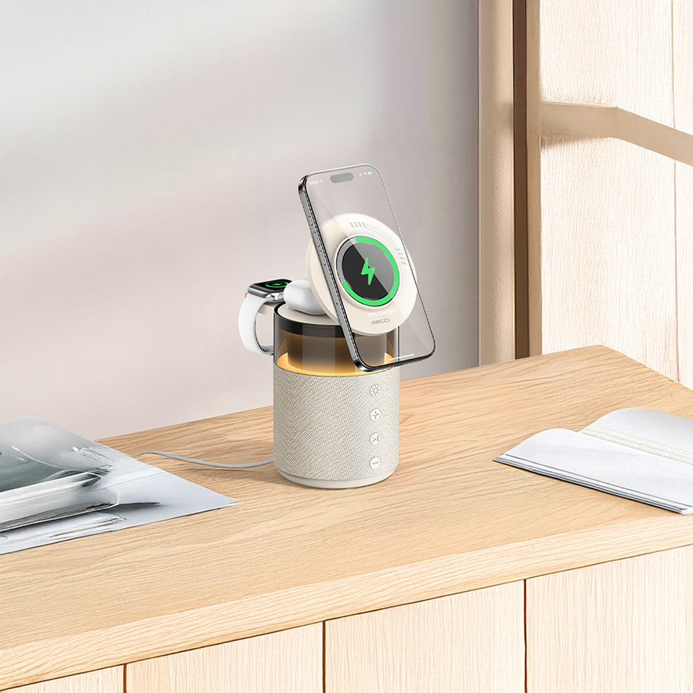 Recci RCW-51 Kablosuz Şarj Standı Ambiyans Işıklı Bluetooth Speaker Hoparlör Özellikli Beyaz