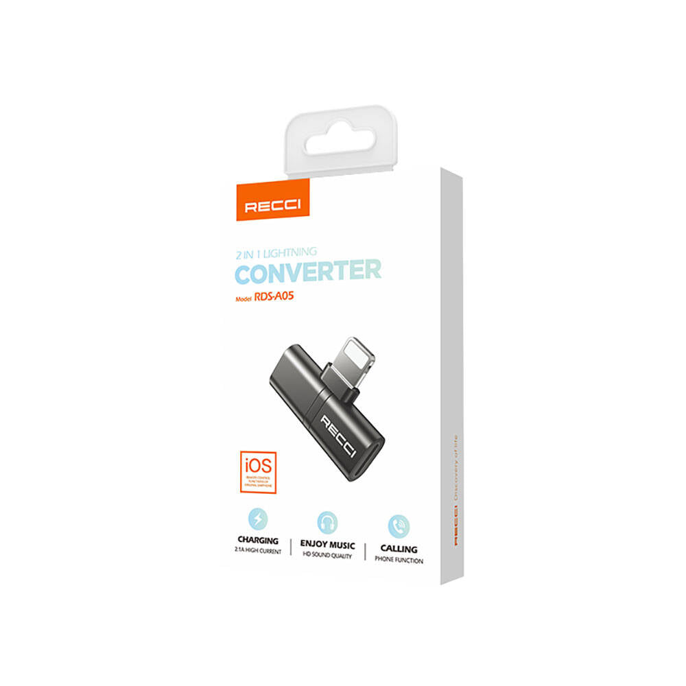Recci RDS-A05 Lightning 2in1 Şarj ve Ses Adaptörü Siyah