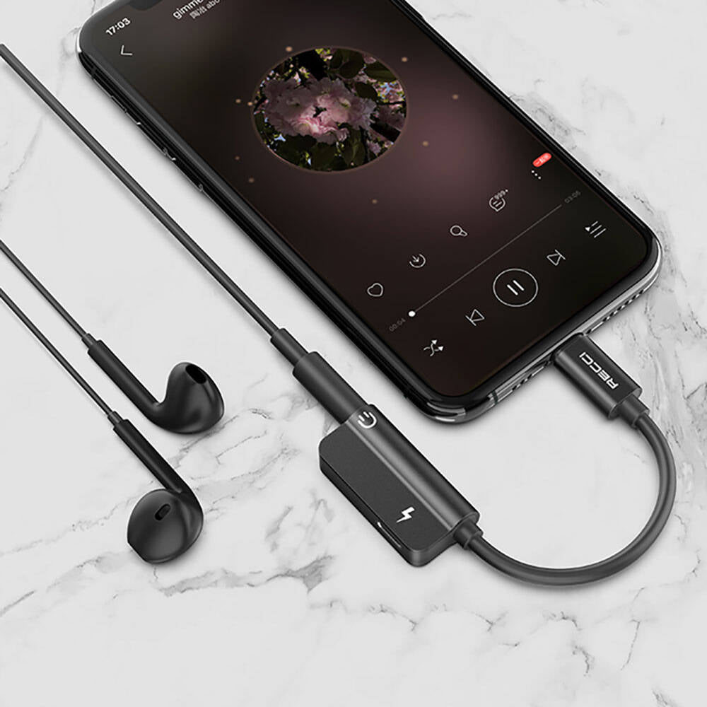 Recci RDS-A06 Lightning 2in1 Şarj ve Ses Adaptörü Siyah