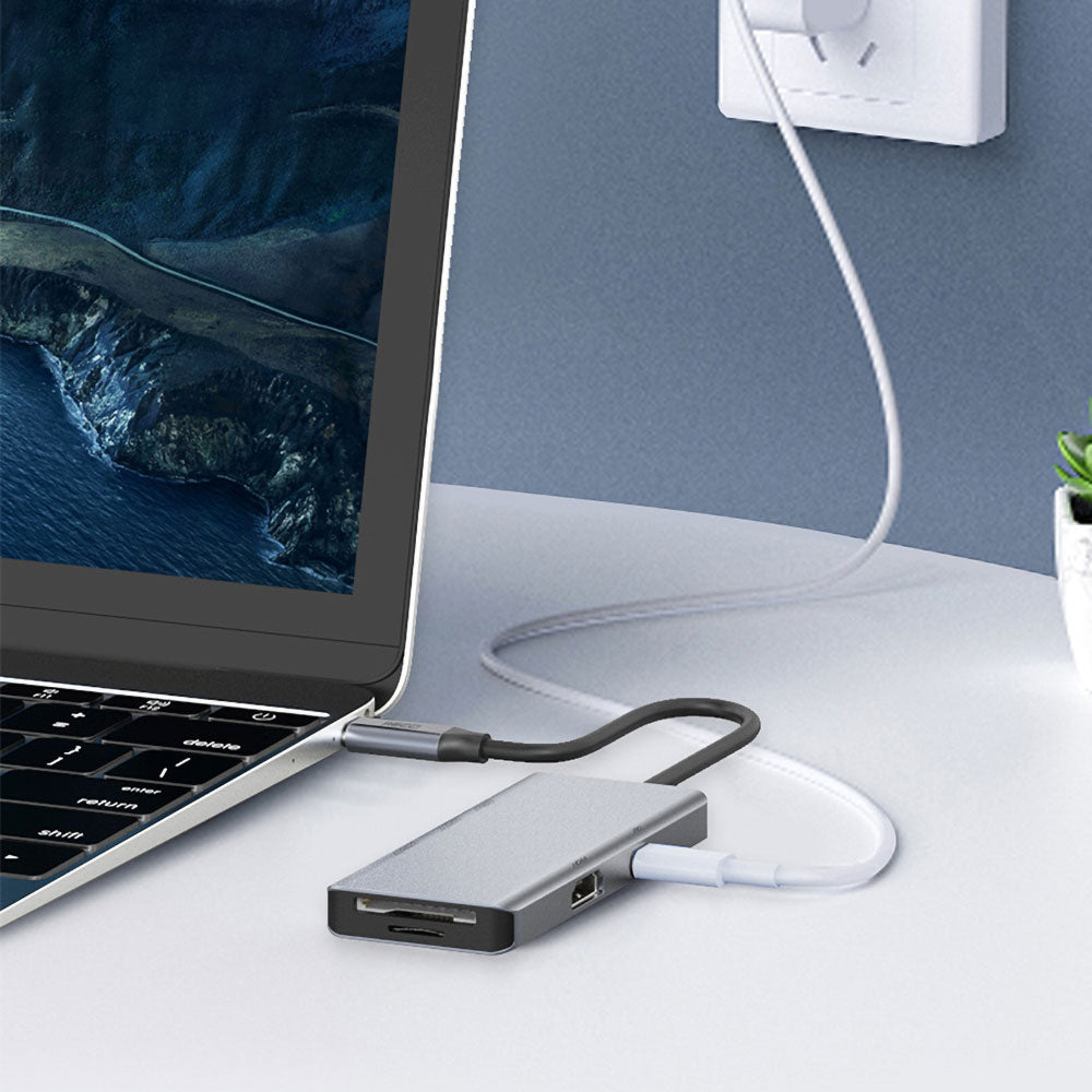 Recci RH07 7 in 1 Type-C Hub PD 100W Şarj Destekli SD Kart-HDMI-USB Çoğaltıcı Kablo 120mm Gri
