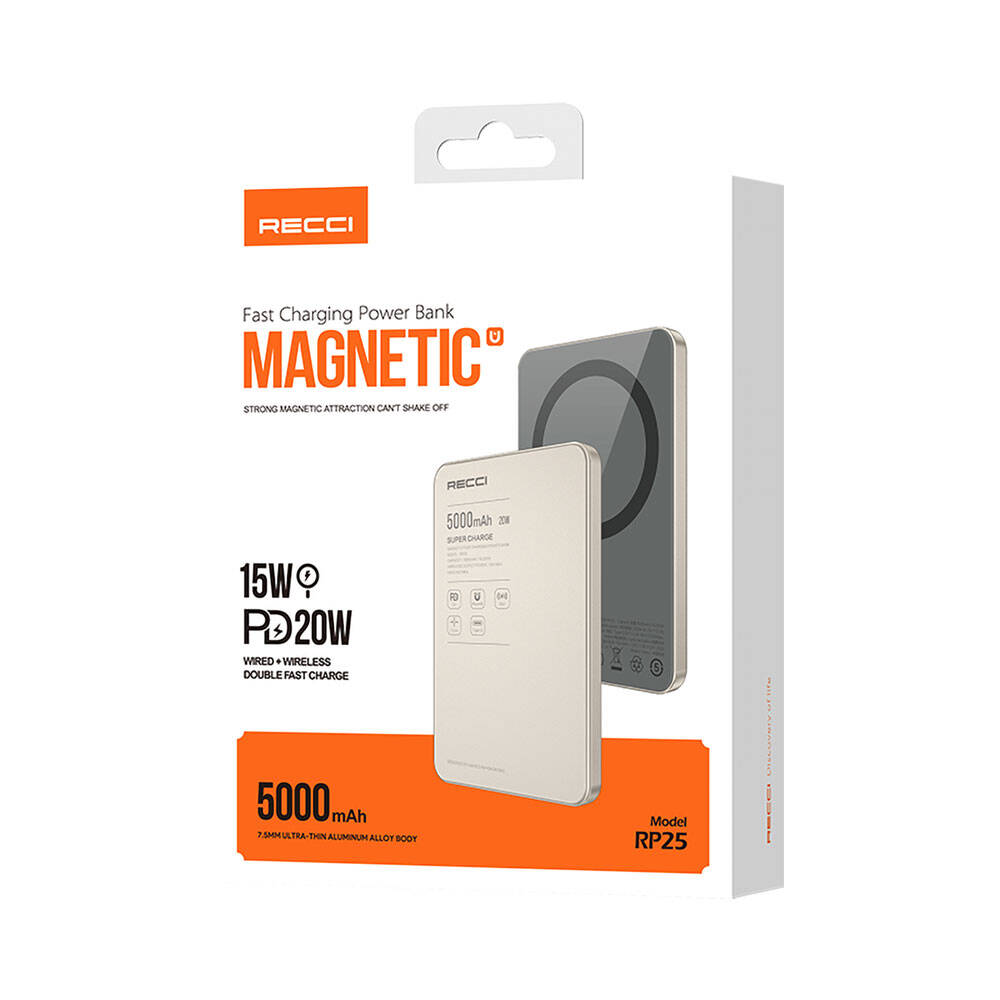 Recci RP25 PD 20W Ultra İnce Hızlı Şarj Özellikli Wireless Powerbank 15W 5000mAh Gold