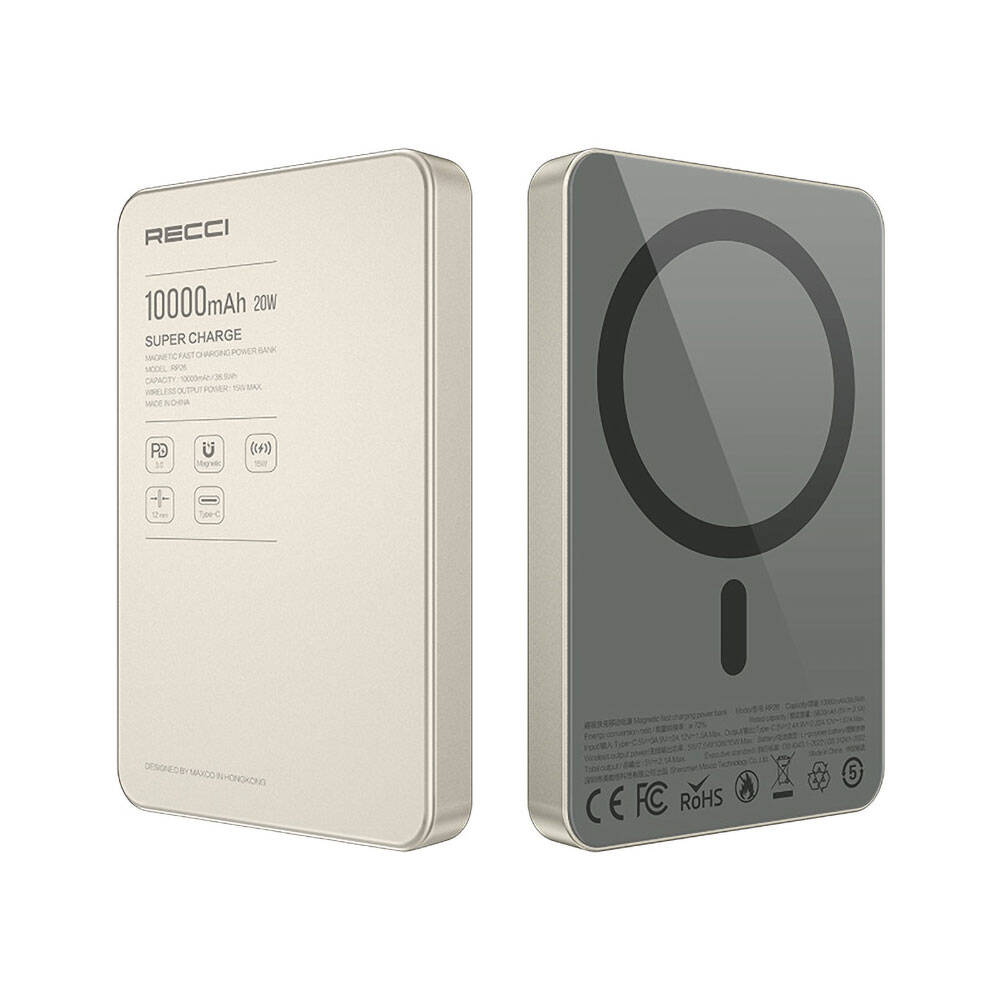 Recci RP26 PD 20W Ultra İnce Hızlı Şarj Özellikli Wireless Powerbank 15W 10000mAh Gold