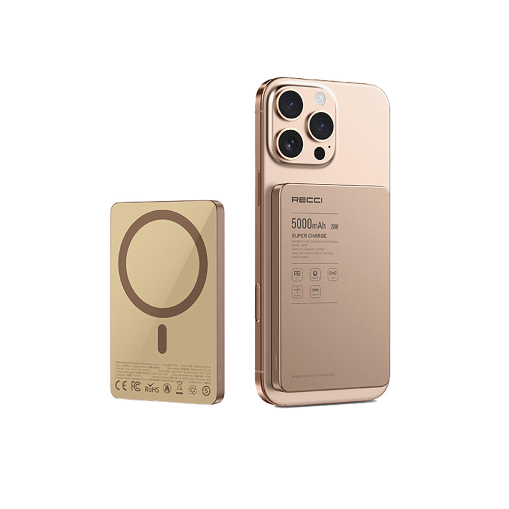 Recci RP33 PD 20W Ultra İnce Led Göstergeli Hızlı Şarj Özellikli Wireless Powerbank 15W 5000mAh Gold