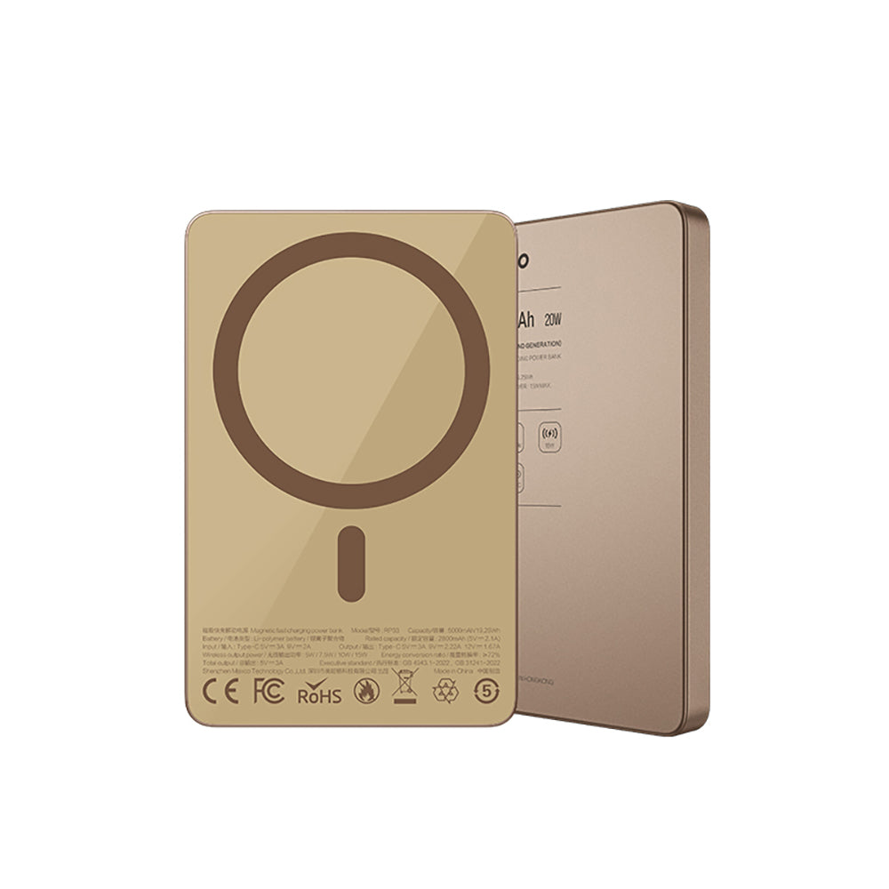 Recci RP33 PD 20W Ultra İnce Led Göstergeli Hızlı Şarj Özellikli Wireless Powerbank 15W 5000mAh Gold