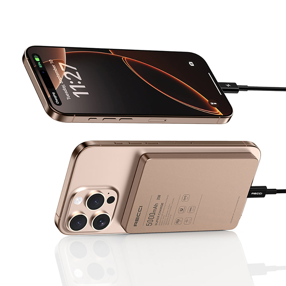 Recci RP33 PD 20W Ultra İnce Led Göstergeli Hızlı Şarj Özellikli Wireless Powerbank 15W 5000mAh Gri