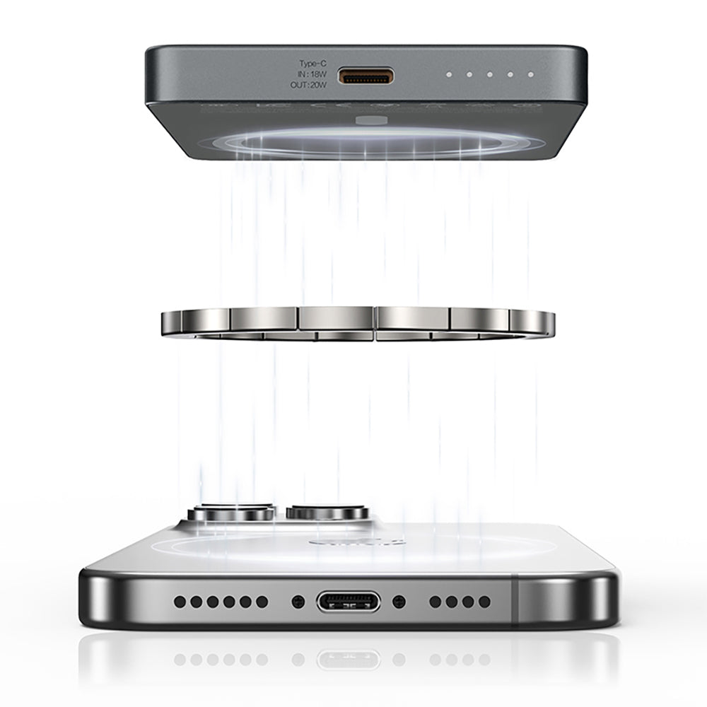 Recci RP33 PD 20W Ultra İnce Led Göstergeli Hızlı Şarj Özellikli Wireless Powerbank 15W 5000mAh Gri