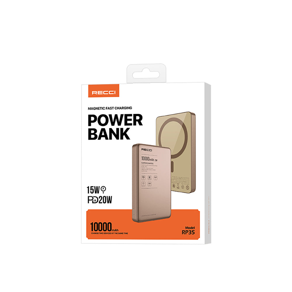 Recci RP35 PD 20W Led Göstergeli Hızlı Şarj Özellikli Wireless Powerbank 15W 10000mAh Gold