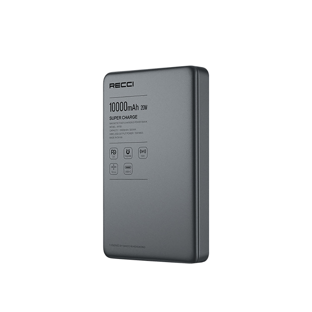 Recci RP35 PD 20W Led Göstergeli Hızlı Şarj Özellikli Wireless Powerbank 15W 10000mAh Gri