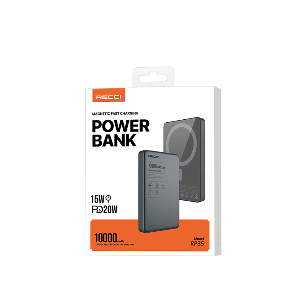 Recci RP35 PD 20W Led Göstergeli Hızlı Şarj Özellikli Wireless Powerbank 15W 10000mAh Gri