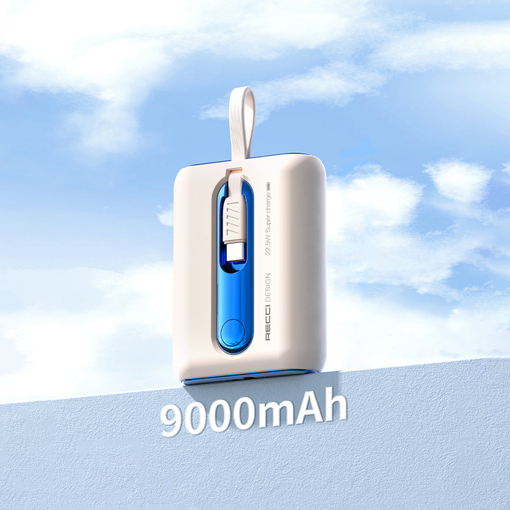 Recci RPB-P12C PD 20W Askı İpli Hızlı Şarj Özellikli Type-C Kablolu Powerbank 22.5W 9000mAh Mavi