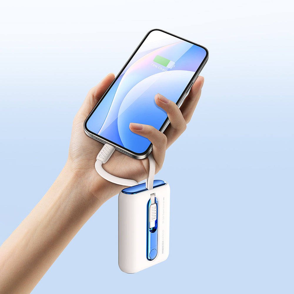 Recci RPB-P12C PD 20W Askı İpli Hızlı Şarj Özellikli Type-C Kablolu Powerbank 22.5W 9000mAh Beyaz