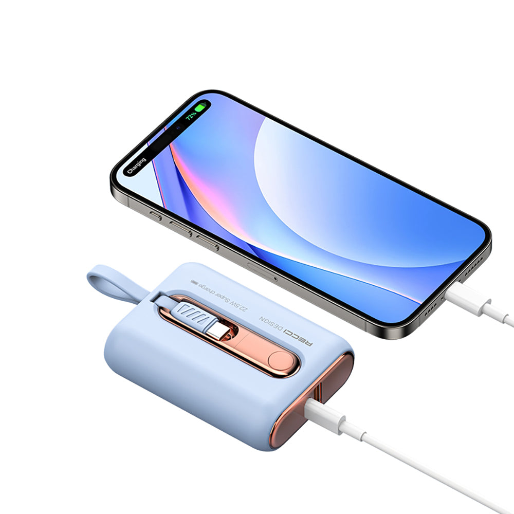 Recci RPB-P12C PD 20W Askı İpli Hızlı Şarj Özellikli Type-C Kablolu Powerbank 22.5W 9000mAh Beyaz