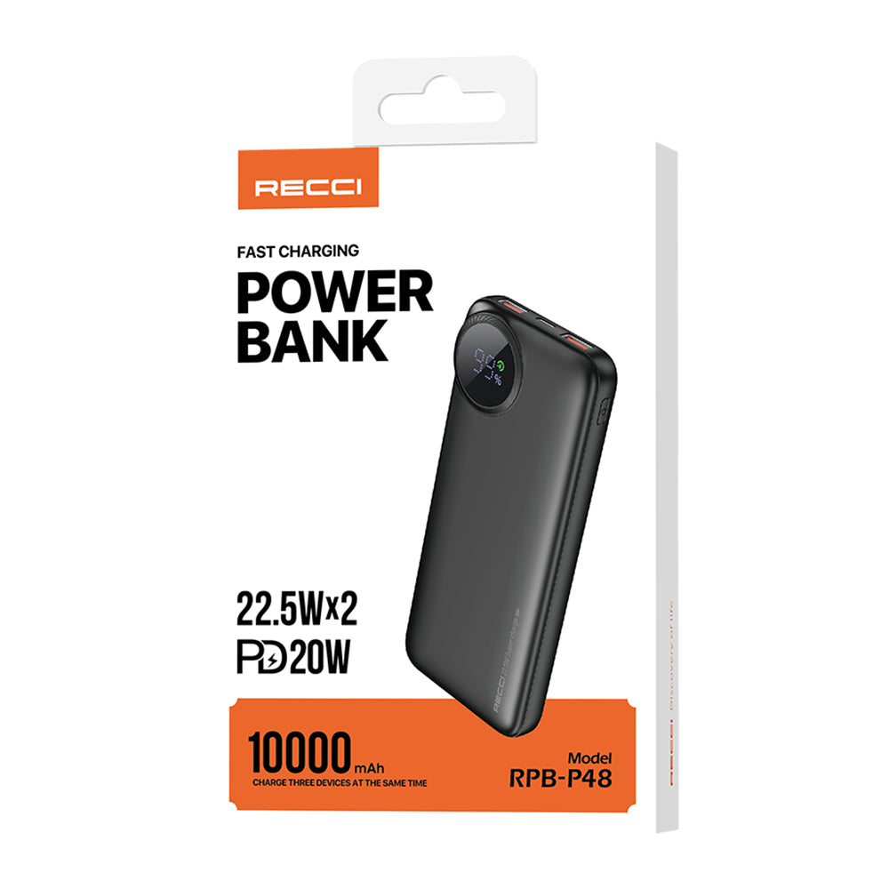 Recci RPB-P48 PD 20W Dijital LED Göstergeli Hızlı Şarj Özellikli Taşınabilir Powerbank 22.5W 10000mAh Siyah