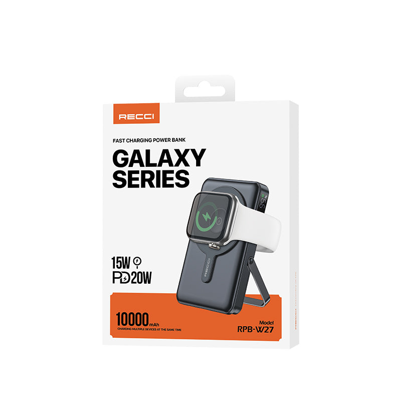 Recci RPB-W27 Galaxy Serisi Dijital LED Göstergeli Kablosuz Şarj Özellikli Type-C ve Lightning Kablolu Powerbank 20W 10.000mAh Siyah