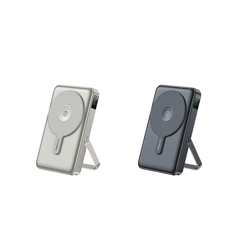 Recci RPB-W27 Galaxy Serisi Dijital LED Göstergeli Kablosuz Şarj Özellikli Type-C ve Lightning Kablolu Powerbank 20W 10.000mAh Siyah