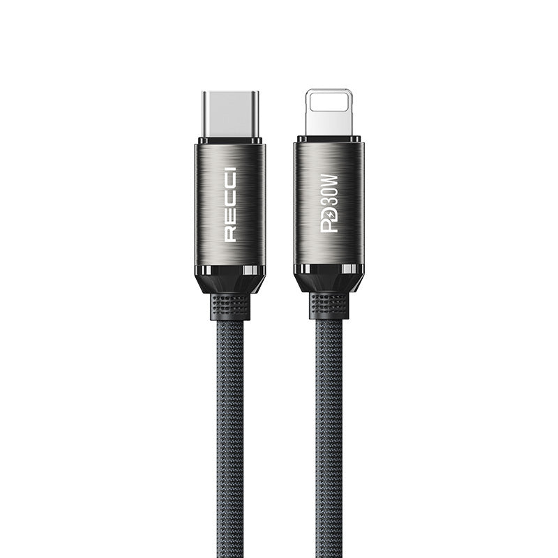 Recci RS35CL Type-C to Lightning PD 30W Örgü Tasarımlı Hızlı Şarj Özellikli Data ve Şarj Kablosu 1M Gri