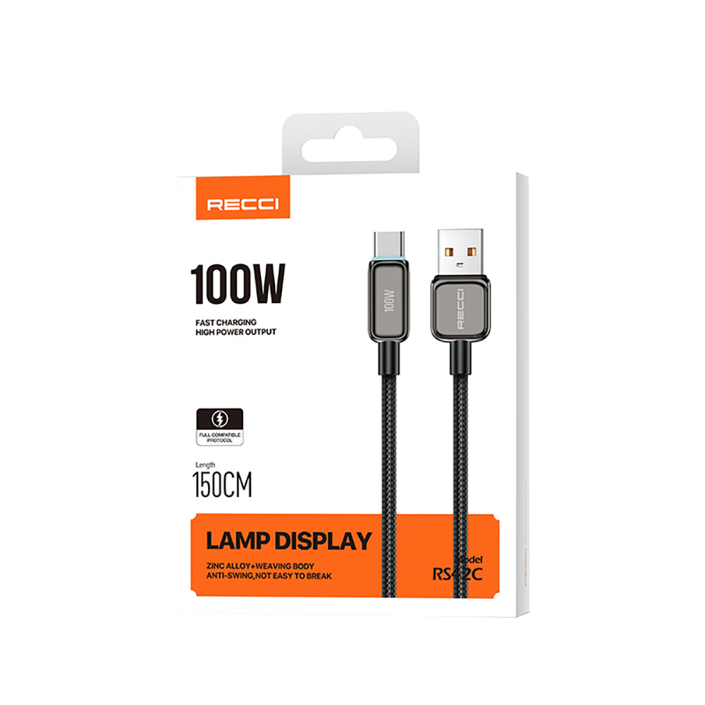 Recci RS42C Lamp Display Serisi USB-A to Type-C 100W Hızlı Şarj Özellikli Data ve Şarj Kablosu 1.5M Siyah