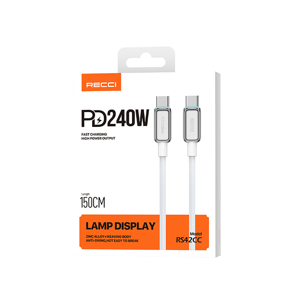 Recci RS42CC Lamp Display Serisi Type-C to Type-C PD 240W Hızlı Şarj Özellikli Data ve Şarj Kablosu 1.5M Gümüş