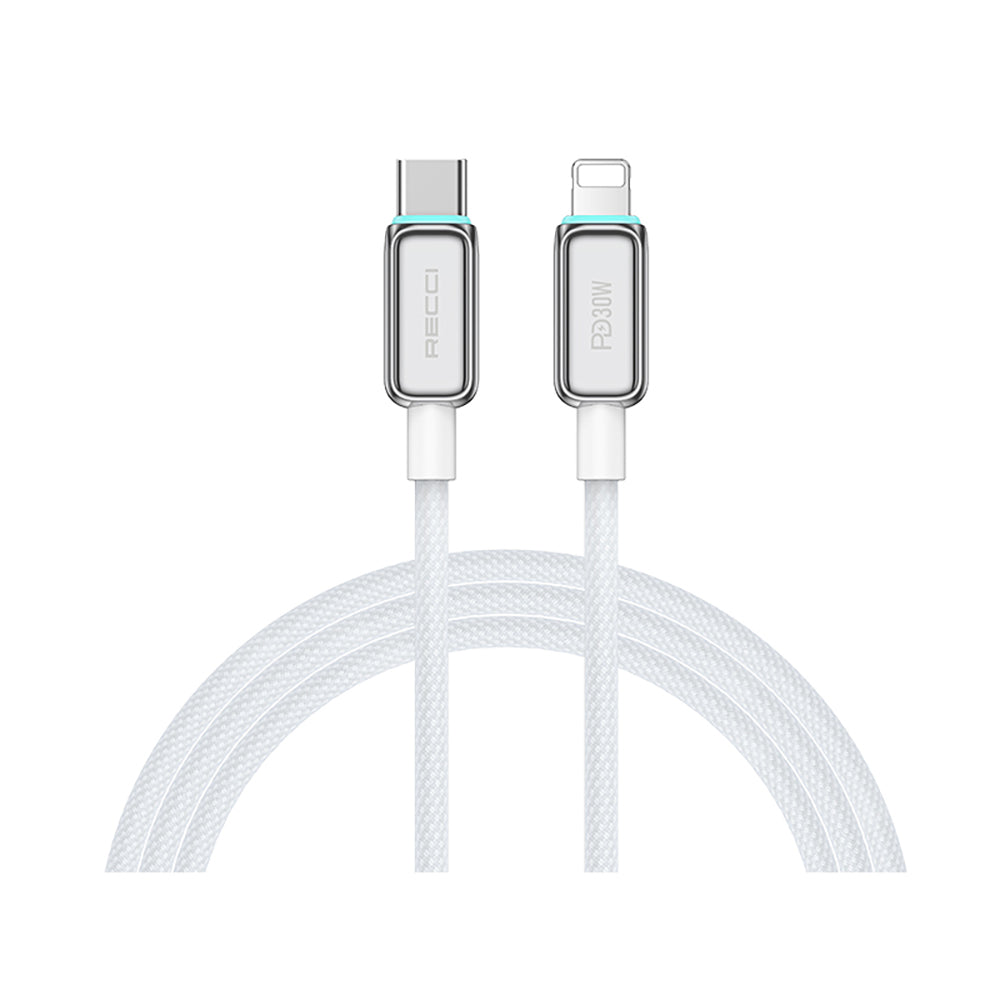 Recci RS42CL Lamp Display Serisi Type-C to Lightning PD 30W Hızlı Şarj Özellikli Data ve Şarj Kablosu 1.5M Gümüş
