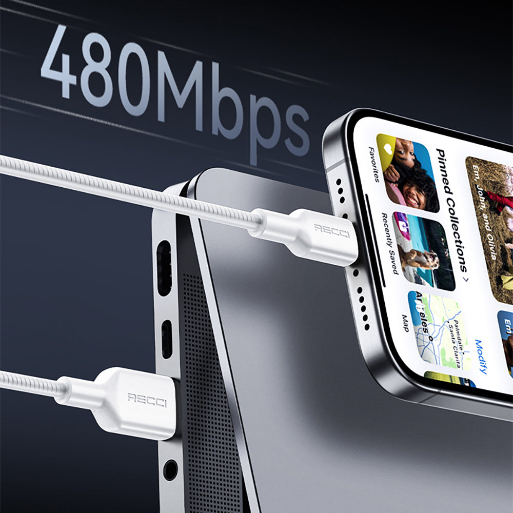 Recci RS46C USB-A to Type-C 2.4A Hızlı Şarj Özellikli Data ve Şarj Kablosu 100W 1.2M Siyah