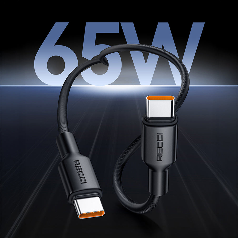 Recci RS46CC Type-C to Type-C PD 65W Hızlı Şarj Özellikli Data ve Şarj Kablosu 1.2M Siyah