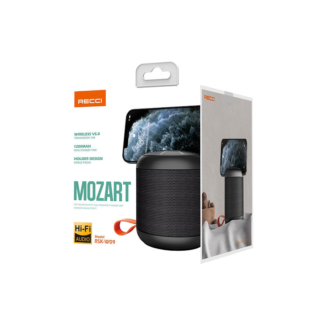 Recci RSK-W09 Mozart Serisi Hi-Fi Askılı Telefon Tutuculu Wireless Bluetooth 5.0 Speaker Hoparlör 1200mAh Siyah