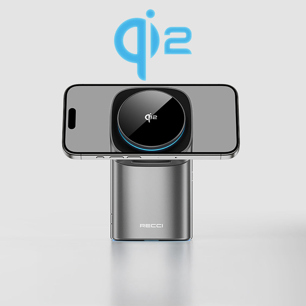 Recci RW05 Qi2 Şarj Teknolojili Ambiyans Işıklı Telefon&Akıllı Saat&Kulaklık 15W 3in1 Kablosuz Şarj Standı Gri
