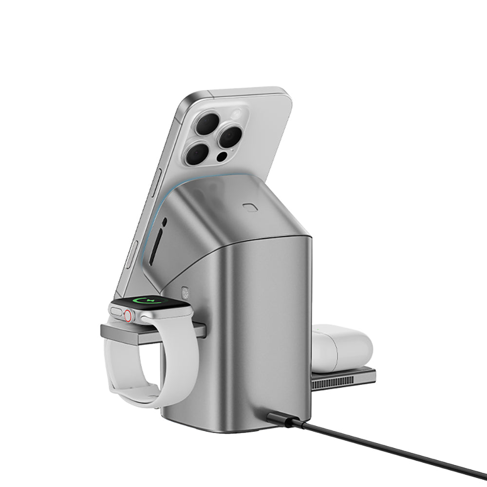 Recci RW05 Qi2 Şarj Teknolojili Ambiyans Işıklı Telefon&Akıllı Saat&Kulaklık 15W 3in1 Kablosuz Şarj Standı Gri