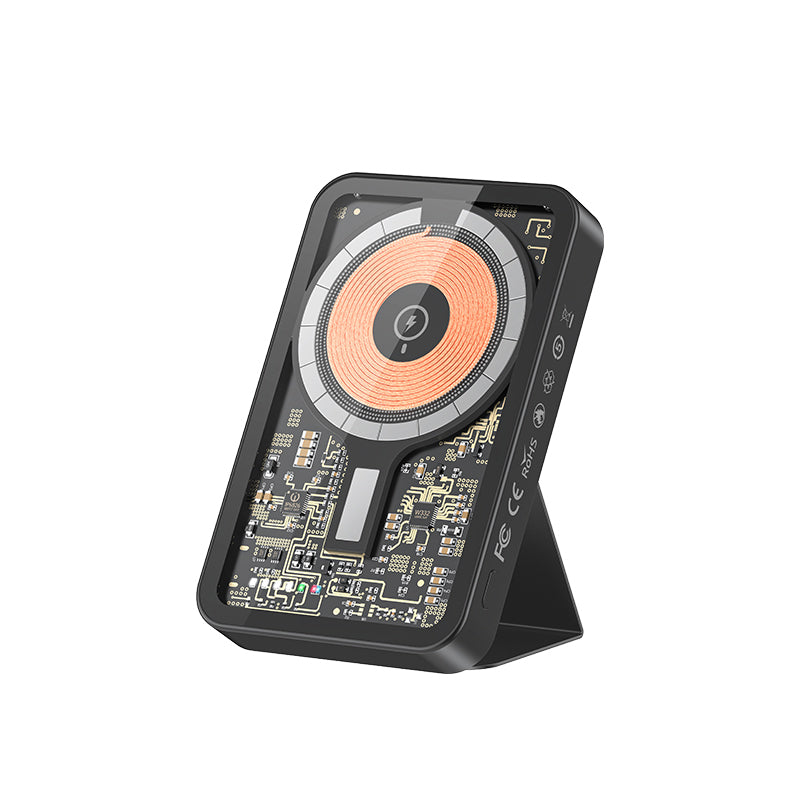 Recci W07 Şeffaf Tasarım Standlı 15W M-safe Şarj Özellikli 20W PD Hızlı Şarj Powerbank 5000mAh Siyah