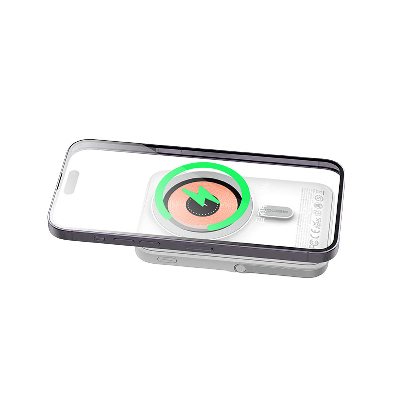 Recci W08 Metal Standlı 15W M-safe Şarj Özellikli 20W PD Hızlı Şarj Powerbank 10000mAh Beyaz