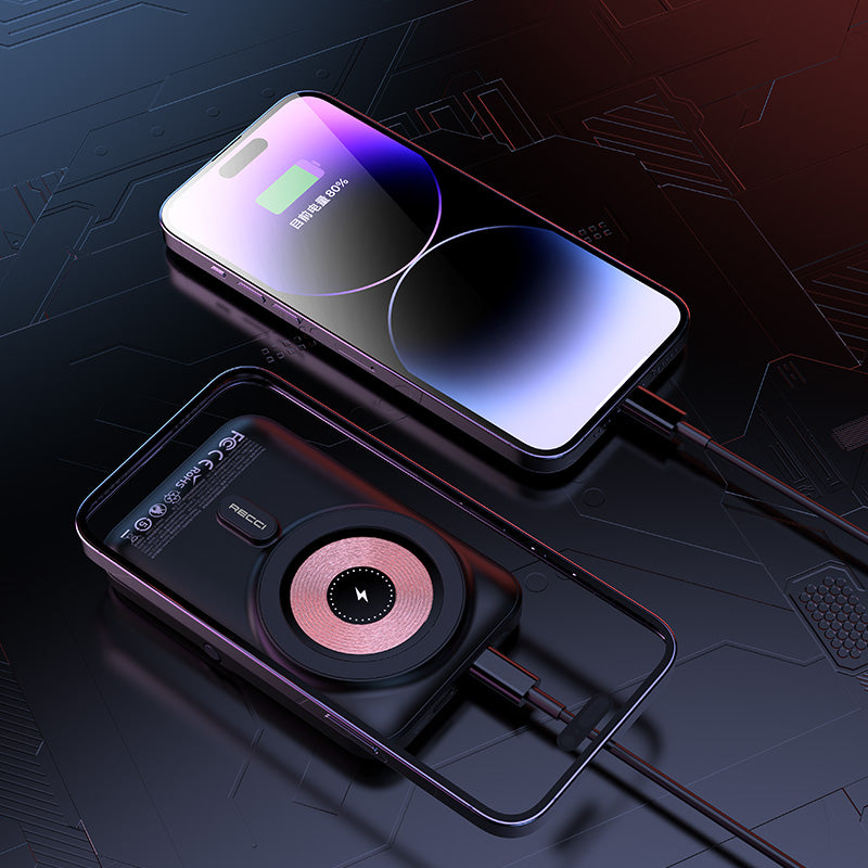 Recci W08 Metal Standlı 15W M-safe Şarj Özellikli 20W PD Hızlı Şarj Powerbank 10000mAh Siyah