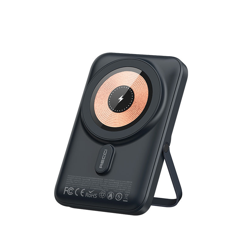 Recci W08 Metal Standlı 15W M-safe Şarj Özellikli 20W PD Hızlı Şarj Powerbank 10000mAh Siyah