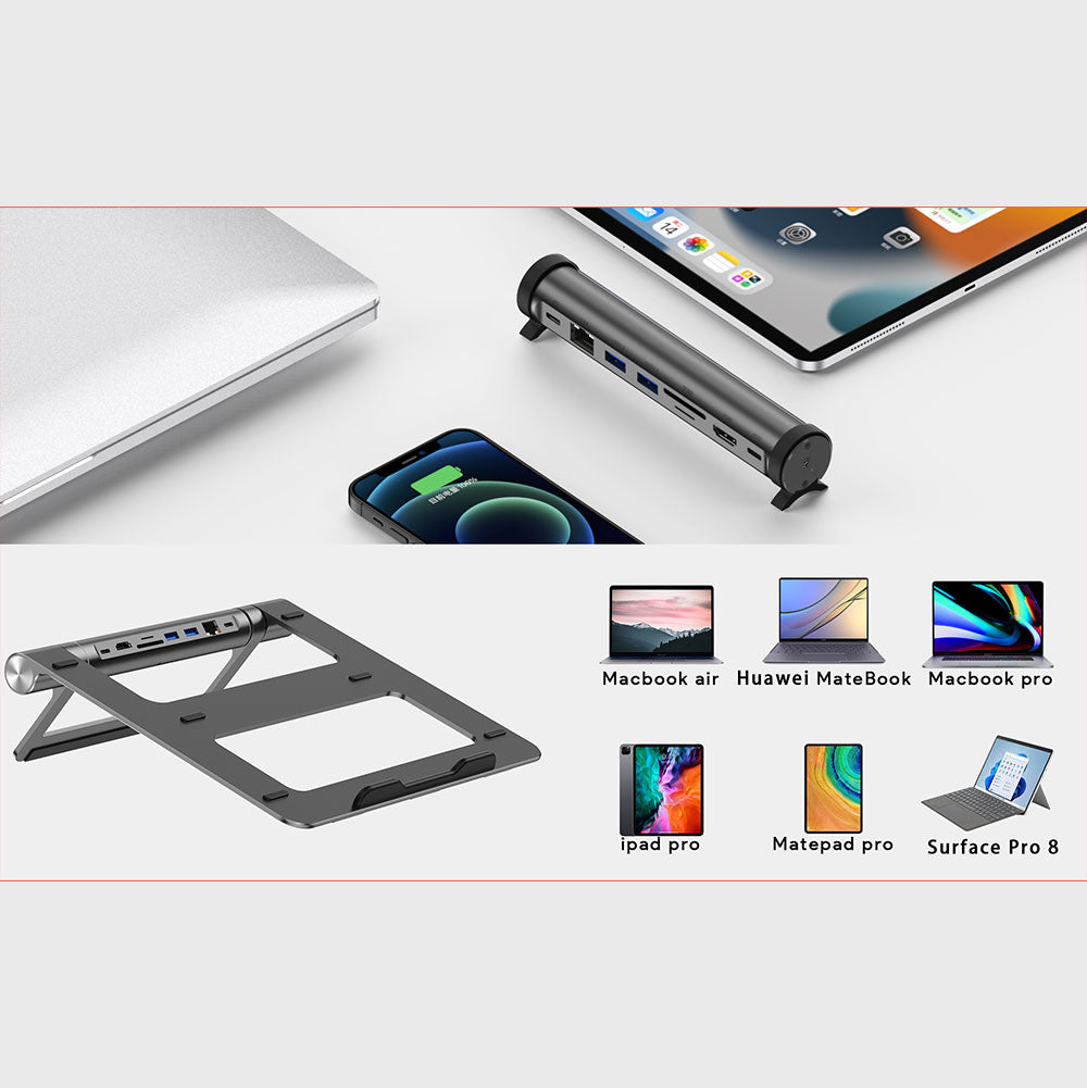 Wiwu A821CH 8in1 Hub Bağlantı İstasyonlu Notebook Laptop Standı PD3.0/USB3.0/RJ45 (1000Mbps)/SD/TF/HDMI (4K@30Hz) Gri