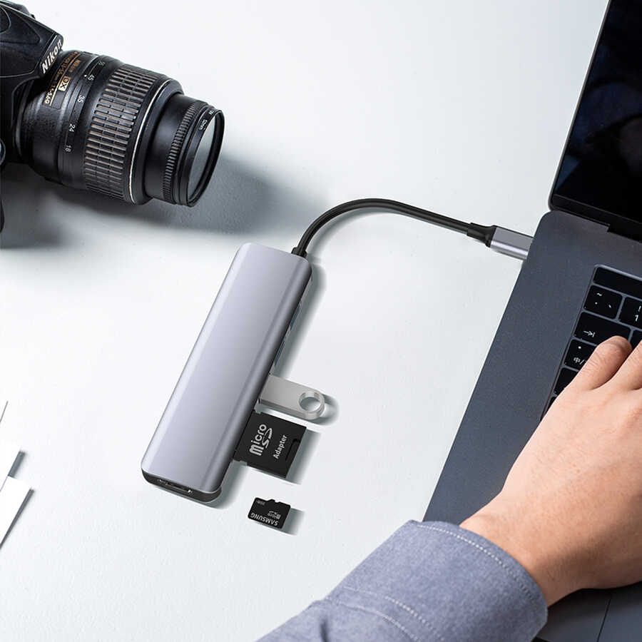 Wiwu Alpha A731HC 7 in 1 Type-C Hub 100W Şarj Destekli SD Kart-Hdmi-Usb Çoğaltıcı Gri