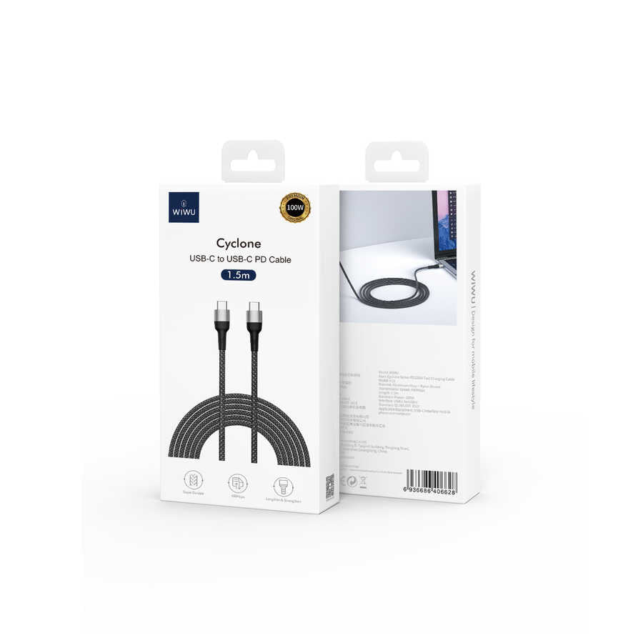 Wiwu Cyclone F15 Type-C to Type-C PD Data Kablo 480Mbps 100W 1.5 metre Gri